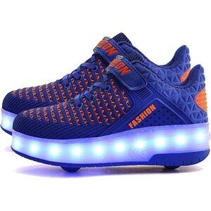 🆕 Men Blue USB Chargable LED Light Up Roller Wheeled Skate Sneaker Shoes Kids